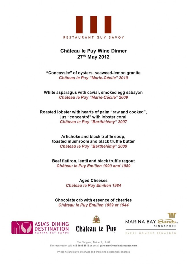Ch le Puy Menu and wine pairing restaurant Guy Savoy
