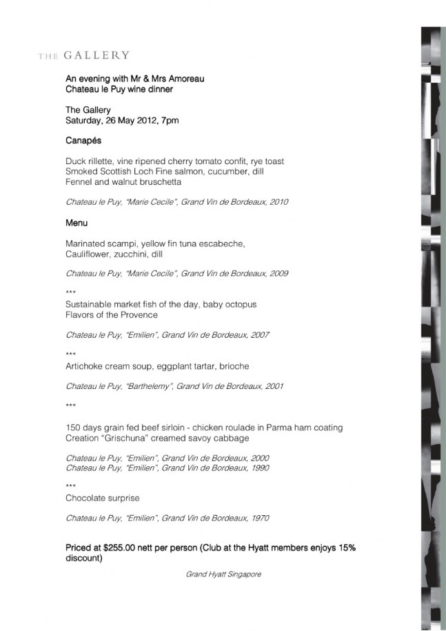 Château le puy Grand Hyatt wine dinner 26 may 2012