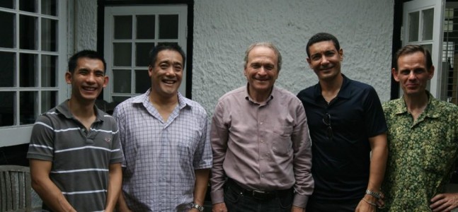 Felsina Singapore lunch crew - Giuseppe Mazzocolin, proprietor-winemaker of the legendary Chianti estate, Fattoria Felsina (centre) - from left, Wong Chek Leng (Singapore Airlines Air-Sommelier), Richard Gene AKA Sir Richard (Executive Chef Aman Resorts), Alex Calabro (Sommelier and Propietor of Casa Tartufo) and Chris James (Chianti addict)