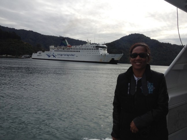 Khun Cha - Spy Valley - Picton for lunch in the Marlborough Sounds – Cook Strait Ferry in the background